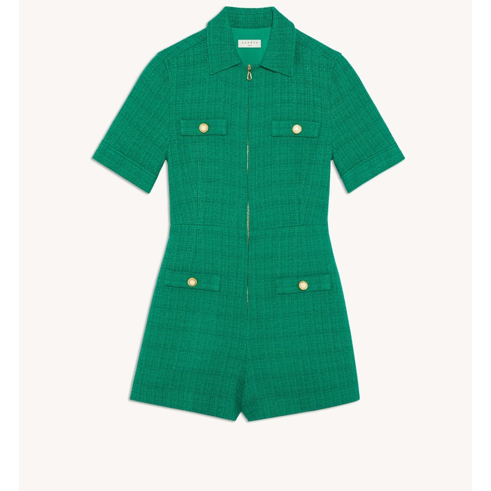 Sandro Green Tweed Short-Sleeve Zip Romper with Gold Buttons